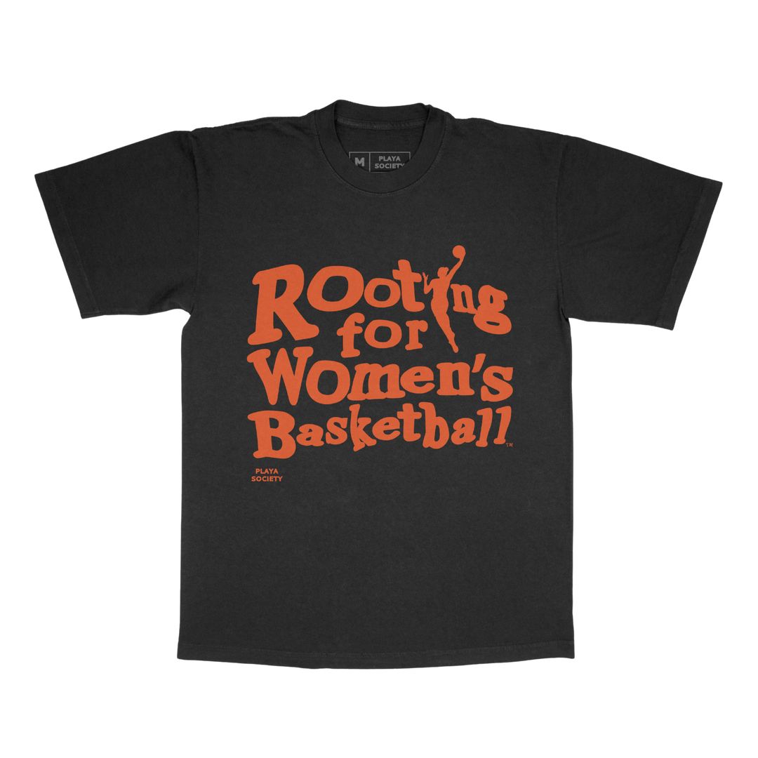 Black t-shirt with orange text 'Rooting for Women's Basketball' on a white background