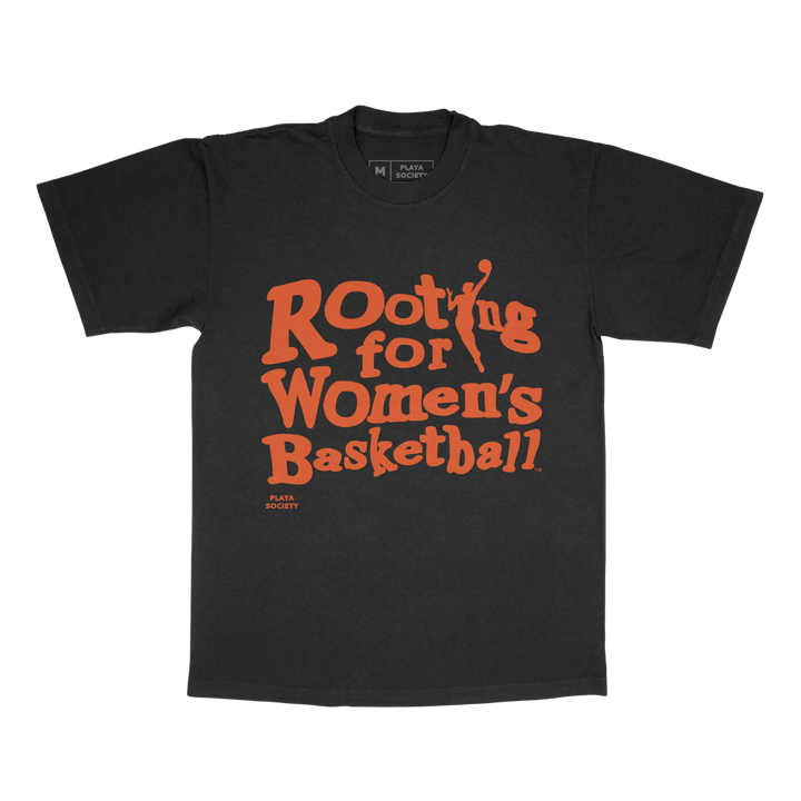 Black t-shirt with orange text 'Rooting for Women's Basketball' on a white background